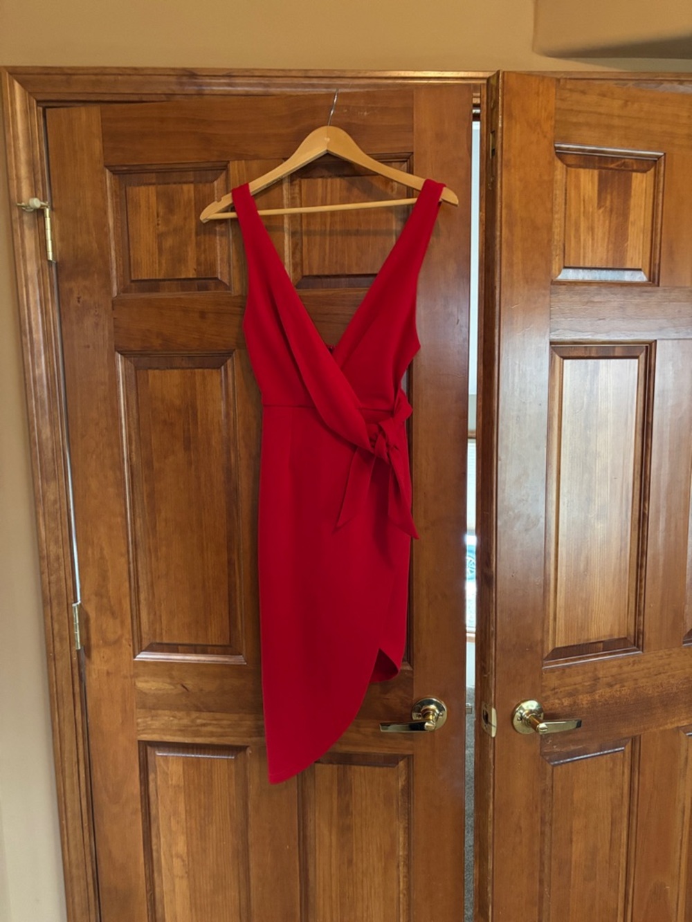Sleeveless Red Asymmetrical Wrap Dress with Side Tie